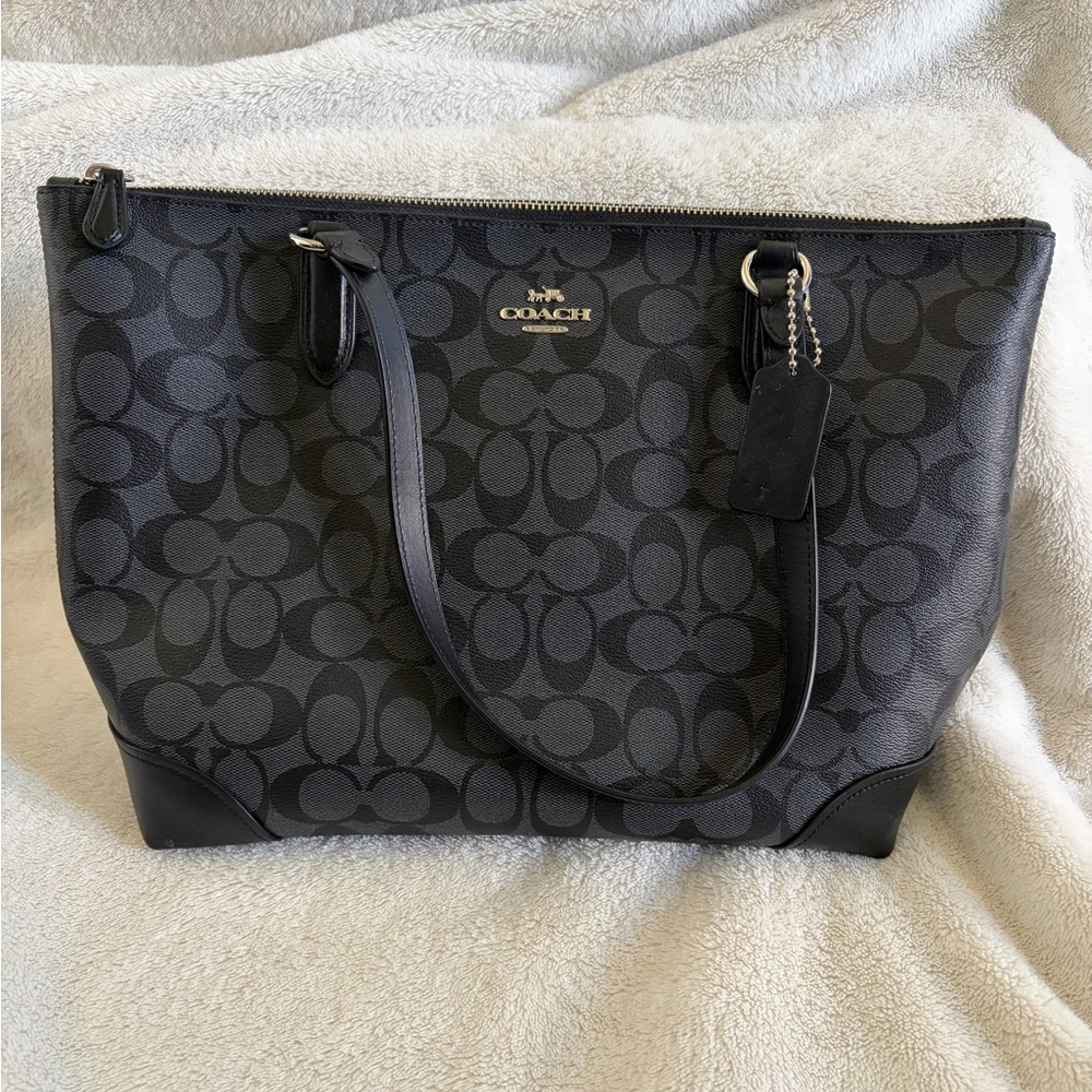 Coach black Signature Pattern Tote with silver hardware